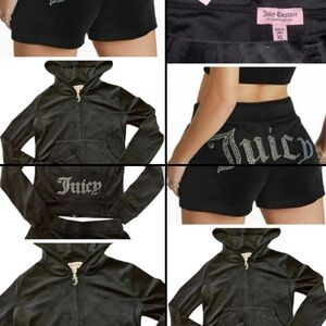 Juicy Couture Sexy Black Velour Velvet Hoodie Shorts Rhinestone Logo Size XL New